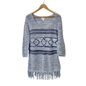 Blue Patterned Women's Sweater with Fringe